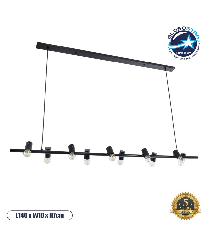 GLOBOSTAR® ALFREDA 01242 Μοντέρνο Κρεμαστό Φωτιστικό Οροφής με Ντουί 10 x E27 AC 220-240V IP20 - Μαύρο - Μ140 x Π18 x Υ7cm